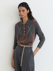 Reiss Charcoal Grey Avery Wool-Cashmere Argyle-Knit Polo Jumper - Image 4 of 6