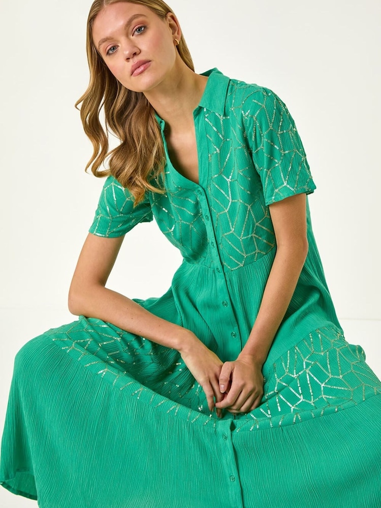 Roman Green V-Neck Sequin Button Midi Dress - Image 2 of 5