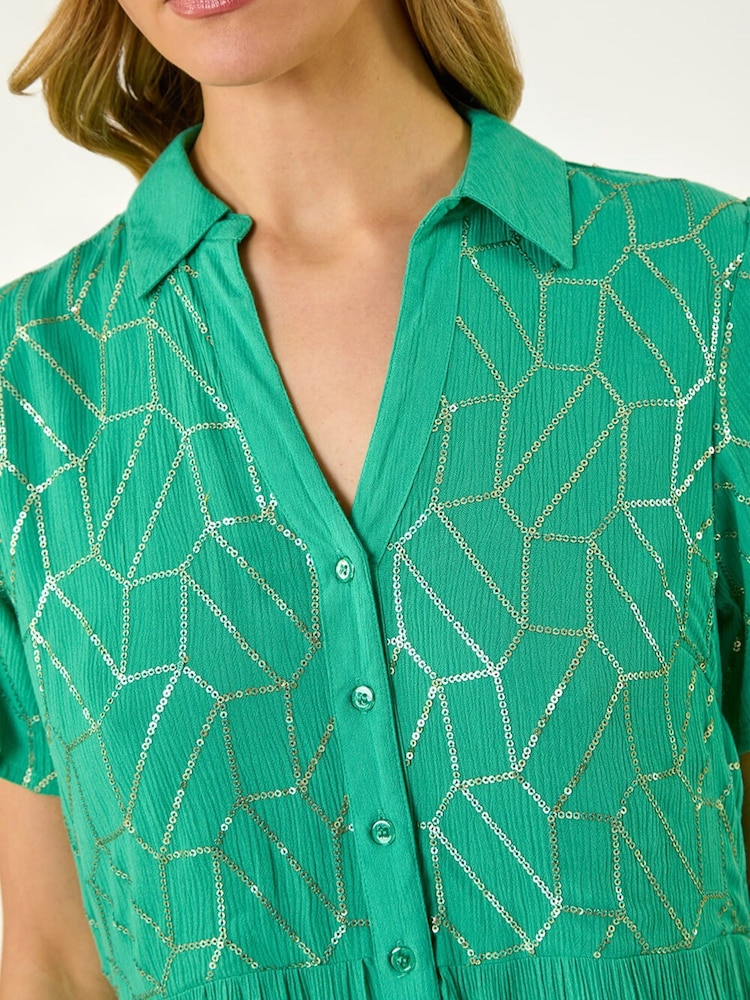 Roman Green V-Neck Sequin Button Midi Dress - Image 5 of 5