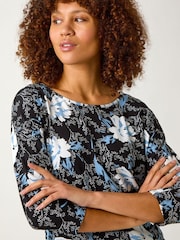 Roman Blue Floral Print Side Tie Stretch Top - Image 1 of 5