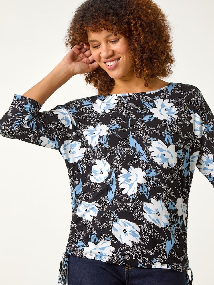 Roman Blue Floral Print Side Tie Stretch Top - Image 2 of 5 Roman Blue Floral Print Side Tie Stretch Top - Image 2 of 5