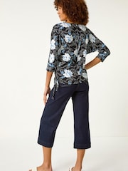 Roman Blue Floral Print Side Tie Stretch Top - Image 4 of 5