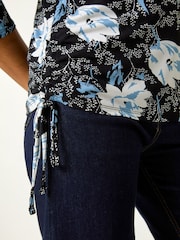 Roman Blue Floral Print Side Tie Stretch Top - Image 5 of 5