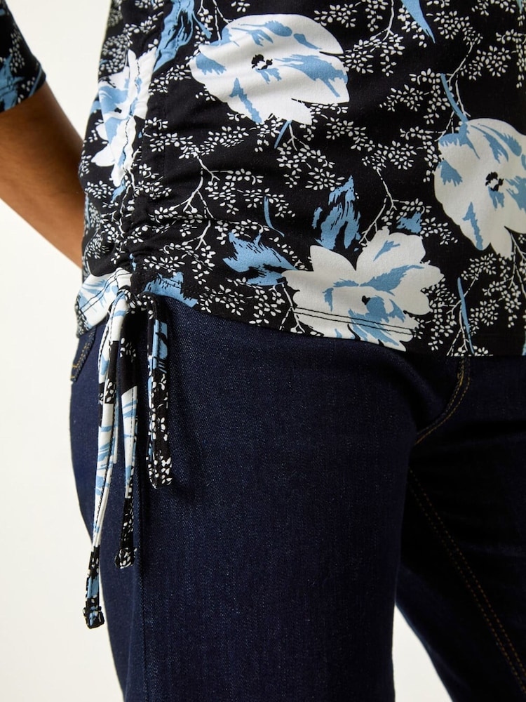 Roman Blue Floral Print Side Tie Stretch Top - Image 5 of 5 Roman Blue Floral Print Side Tie Stretch Top - Image 5 of 5