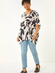 Roman Black Curve Large Floral Print Cocoon Top - Image 4 of 5