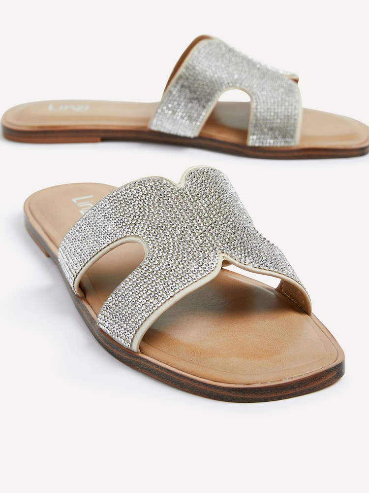 Linzi White/Green/Tan Embellished Flat Becca Diamante Sandals - Image 6 of 6