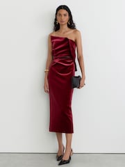 Reiss Red Dasha Velvet Structured Strapless Midi Dress - Image 1 of 8
