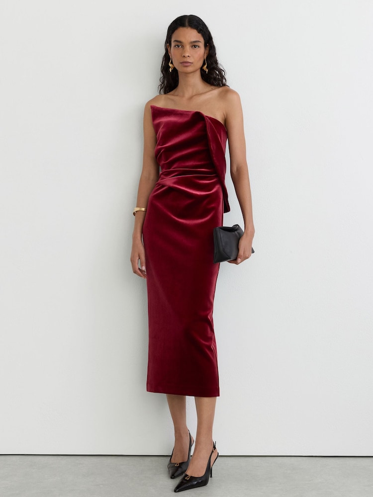 Reiss Red Dasha Velvet Structured Strapless Midi Dress - Image 1 of 8 Reiss Red Dasha Velvet Structured Strapless Midi Dress - Image 1 of 8