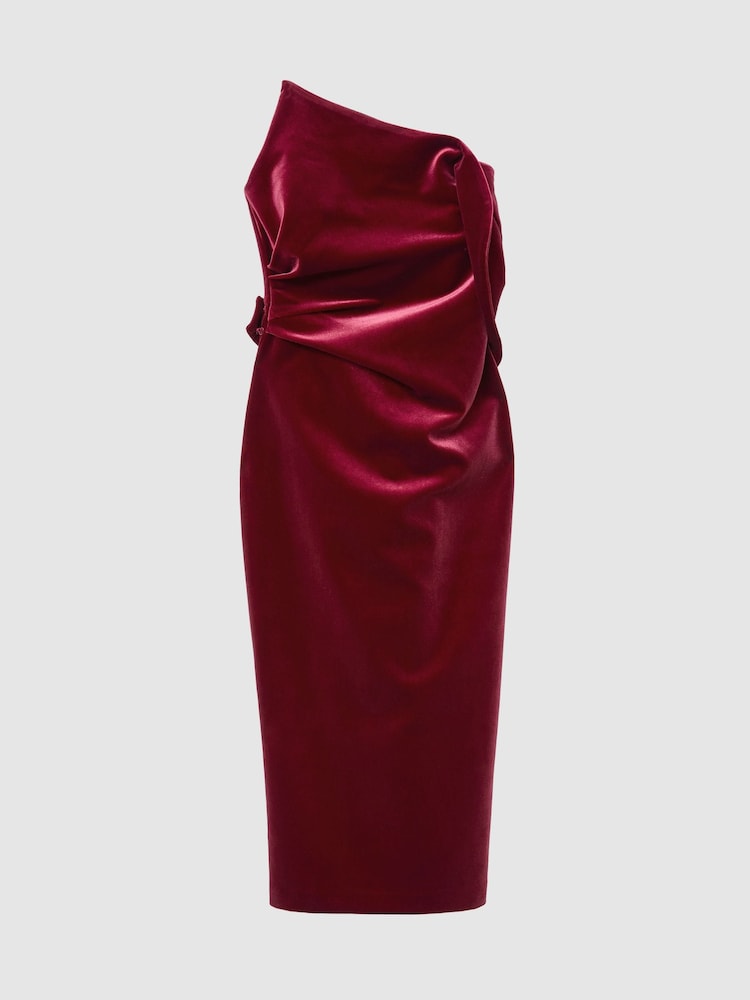 Reiss Red Dasha Velvet Structured Strapless Midi Dress - Image 2 of 8 Reiss Red Dasha Velvet Structured Strapless Midi Dress - Image 2 of 8