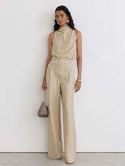 Reiss Champagne Neutral Erin Jacquard Cowl-Neck Belted Jumpsuit - Image 1 of 8