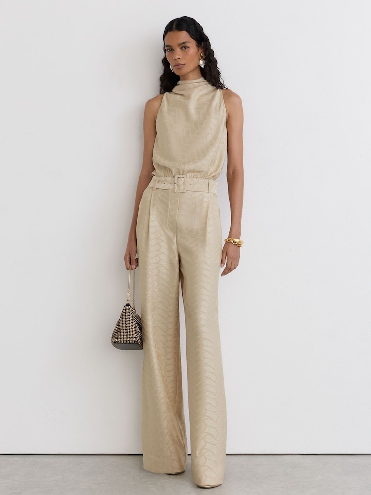 Reiss Champagne Neutral Erin Jacquard Cowl-Neck Belted Jumpsuit - Image 1 of 8 Reiss Champagne Neutral Erin Jacquard Cowl-Neck Belted Jumpsuit - Image 1 of 8