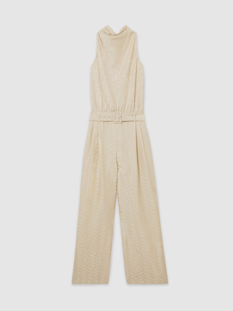 Reiss Champagne Neutral Erin Jacquard Cowl-Neck Belted Jumpsuit - Image 2 of 8 Reiss Champagne Neutral Erin Jacquard Cowl-Neck Belted Jumpsuit - Image 2 of 8
