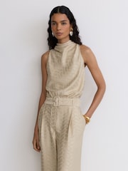 Reiss Champagne Neutral Erin Jacquard Cowl-Neck Belted Jumpsuit - Image 4 of 8