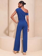 Lipsy Blue Tall Belted One Shoulder Bardot Wide Leg Jumpsuit - Image 2 of 4