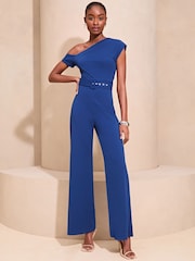 Lipsy Blue Tall Belted One Shoulder Bardot Wide Leg Jumpsuit - Image 3 of 4