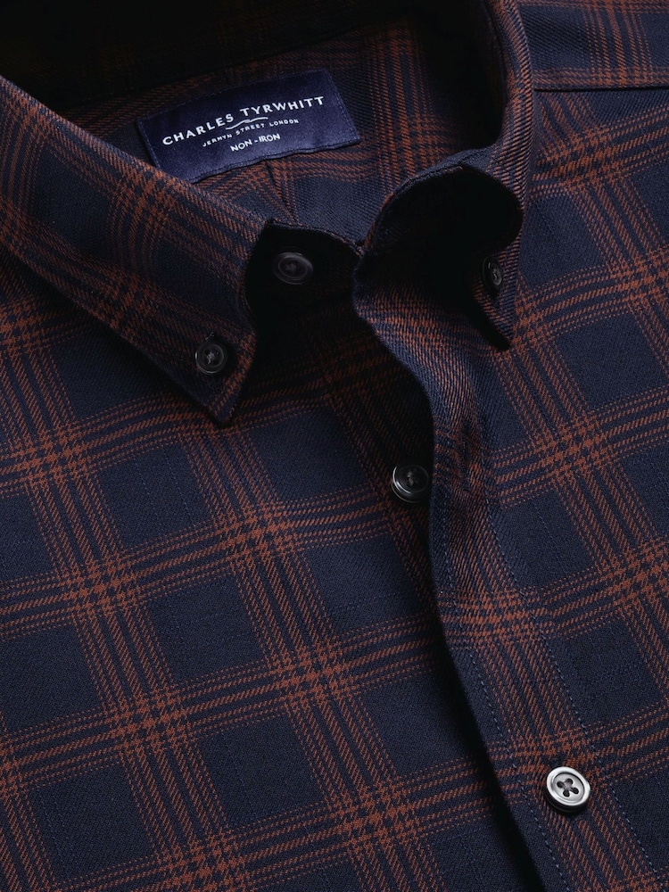 Tumši zils - Charles Tyrwhitt dzintara krāsas liela izmēra rūtainais negludināmais tvīla pieguļošais krekls - Attēls 6 no 6