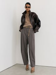 Reiss Taupe Neutral Phae Pinstripe Pleated Barrel-Leg Trousers - Image 1 of 6