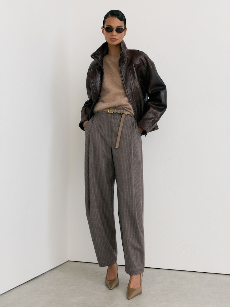 Reiss Taupe Neutral Phae Pinstripe Pleated Barrel-Leg Trousers - Image 1 of 6