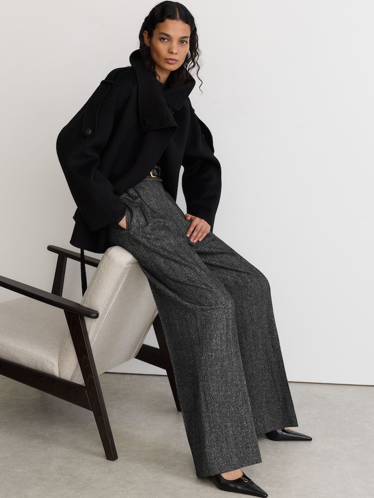 Reiss Dark Grey Camila Wool-Silk Herringbone Wide-Leg Trousers - Image 1 of 8 Reiss Dark Grey Camila Wool-Silk Herringbone Wide-Leg Trousers - Image 1 of 8