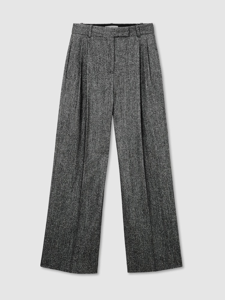 Reiss Dark Grey Camila Wool-Silk Herringbone Wide-Leg Trousers - Image 2 of 8 Reiss Dark Grey Camila Wool-Silk Herringbone Wide-Leg Trousers - Image 2 of 8