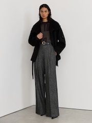 Reiss Dark Grey Camila Wool-Silk Herringbone Wide-Leg Trousers - Image 3 of 8