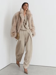 Reiss Champagne Neutral Dia Petite Jacquard Pleated Tapered Trousers - Image 1 of 8
