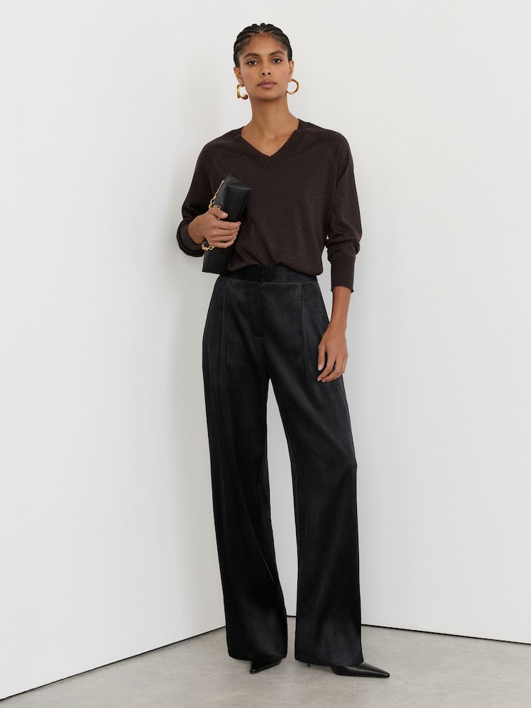 marine - Reiss Gretel Velvet Corduroy Wide-Leg Trousers - Image 1 sur 8