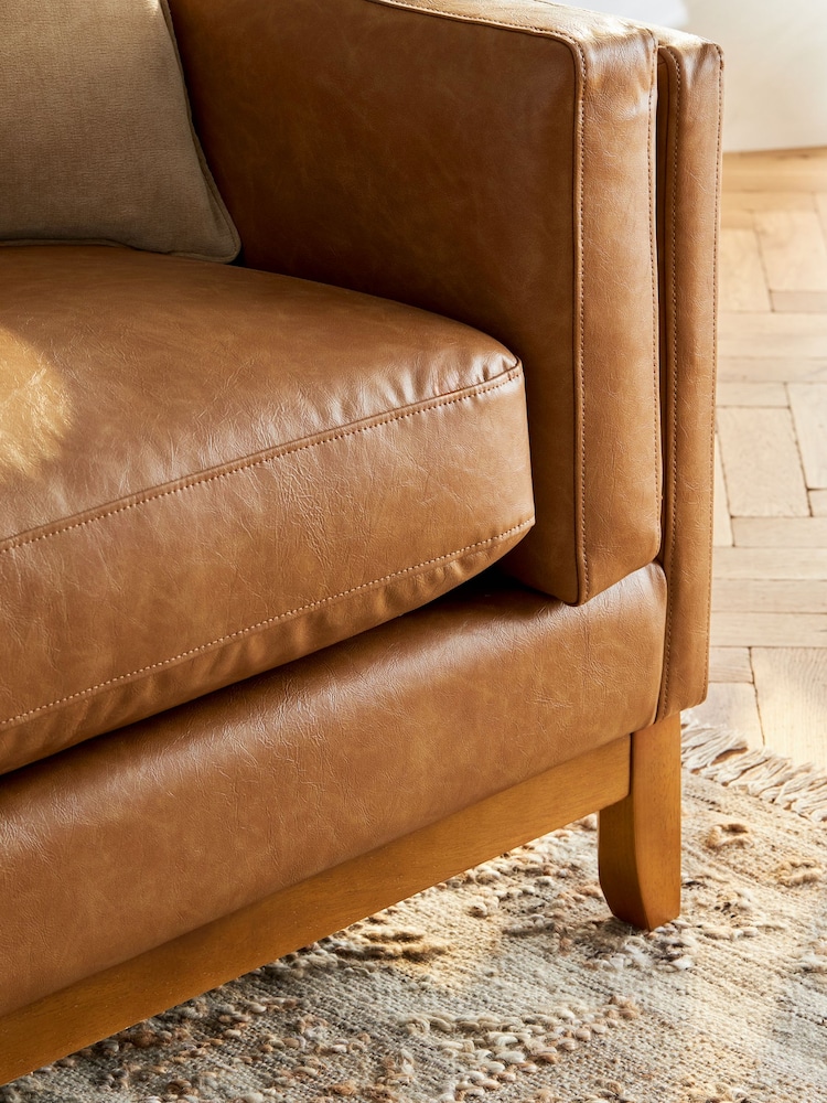 Vintaged Faux Leather Light Brown Bennett Wooden 3 Seater Sofa - Image 2 of 8