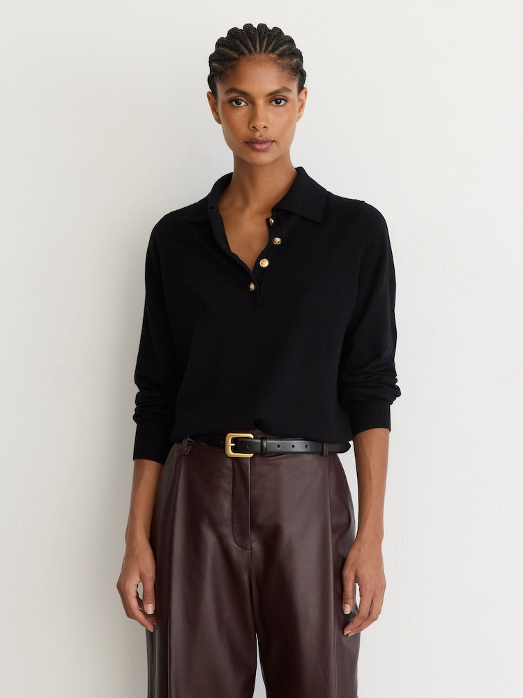 Reiss Black Avery Wool-Cashmere Half-Button Jumper - Image 1 of 6 Reiss Black Avery Wool-Cashmere Half-Button Jumper - Image 1 of 6