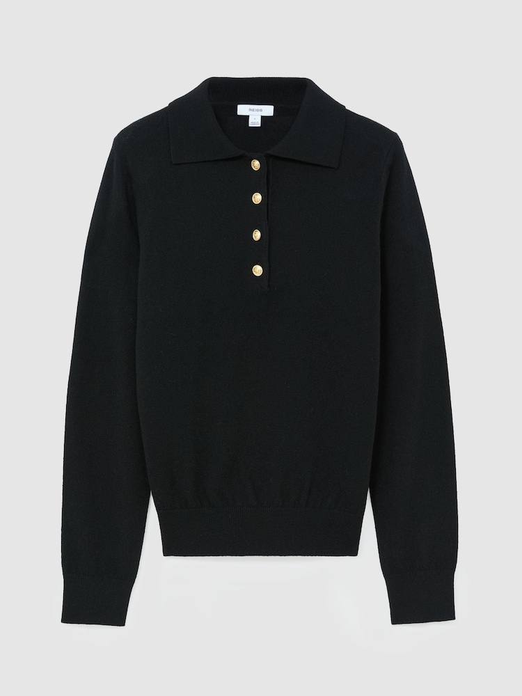 Reiss Black Avery Wool-Cashmere Half-Button Jumper - Image 2 of 6 Reiss Black Avery Wool-Cashmere Half-Button Jumper - Image 2 of 6