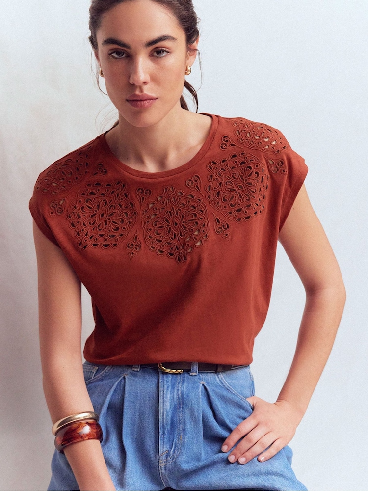 Boden Brown Willow Broderie T-Shirt - Image 1 of 5 Boden Brown Willow Broderie T-Shirt - Image 1 of 5