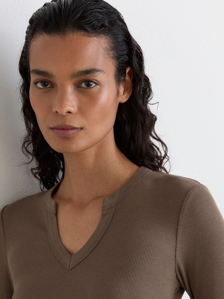 Reiss Mocha Brown Athena Stretch-Cotton Notch-Neck Top - Image 1 of 6
