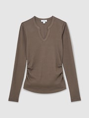 Reiss Mocha Brown Athena Stretch-Cotton Notch-Neck Top - Image 2 of 6
