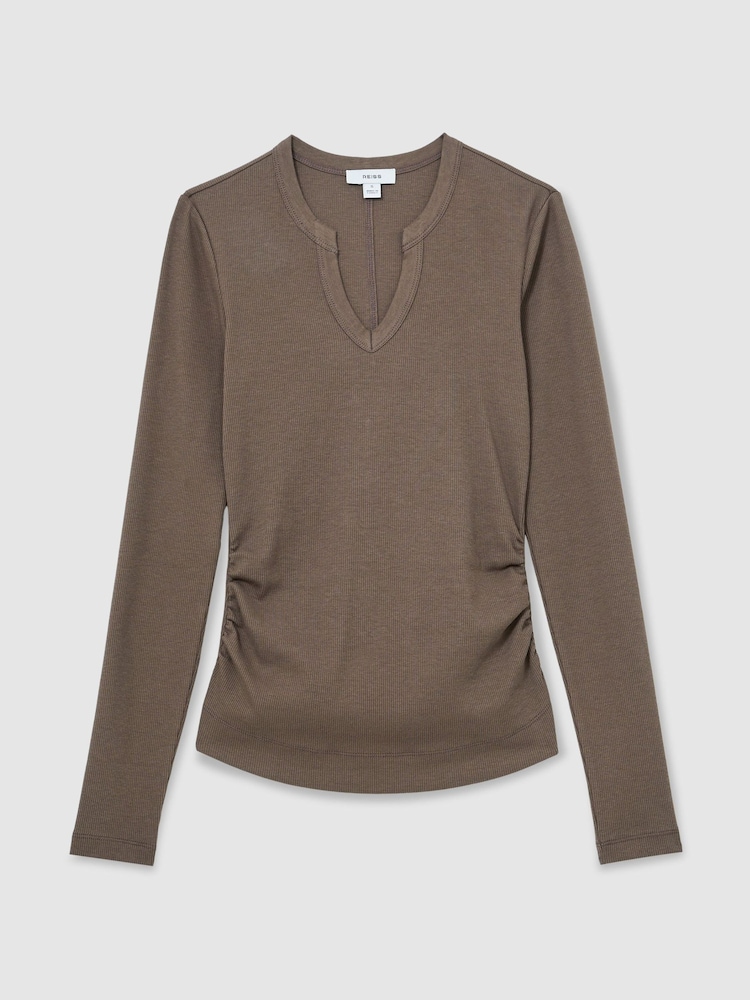 Reiss Mocha Brown Athena Stretch-Cotton Notch-Neck Top - Image 2 of 6