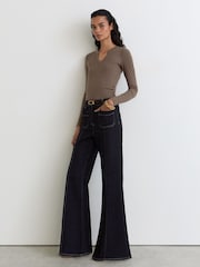 Reiss Mocha Brown Athena Stretch-Cotton Notch-Neck Top - Image 3 of 6