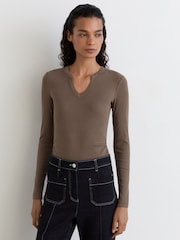 Reiss Mocha Brown Athena Stretch-Cotton Notch-Neck Top - Image 4 of 6