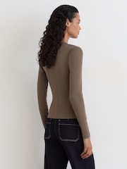 Reiss Mocha Brown Athena Stretch-Cotton Notch-Neck Top - Image 5 of 6