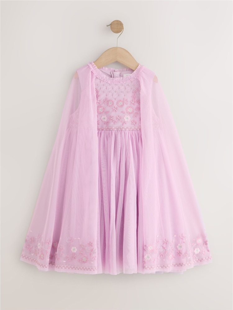 بنفسجي فاتح - Lilac Mesh Cape Dress (3-16yrs) - صورة 1 من 4