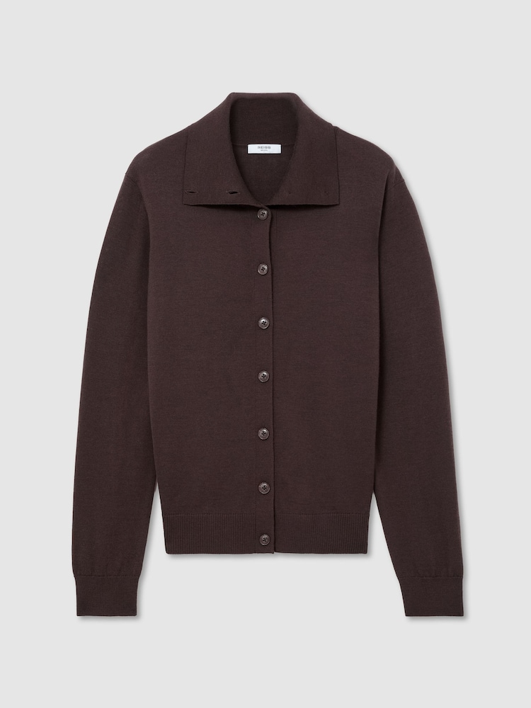 Reiss Grape Burgundy Gale Merino Wool Collared Cardigan - Image 2 of 7