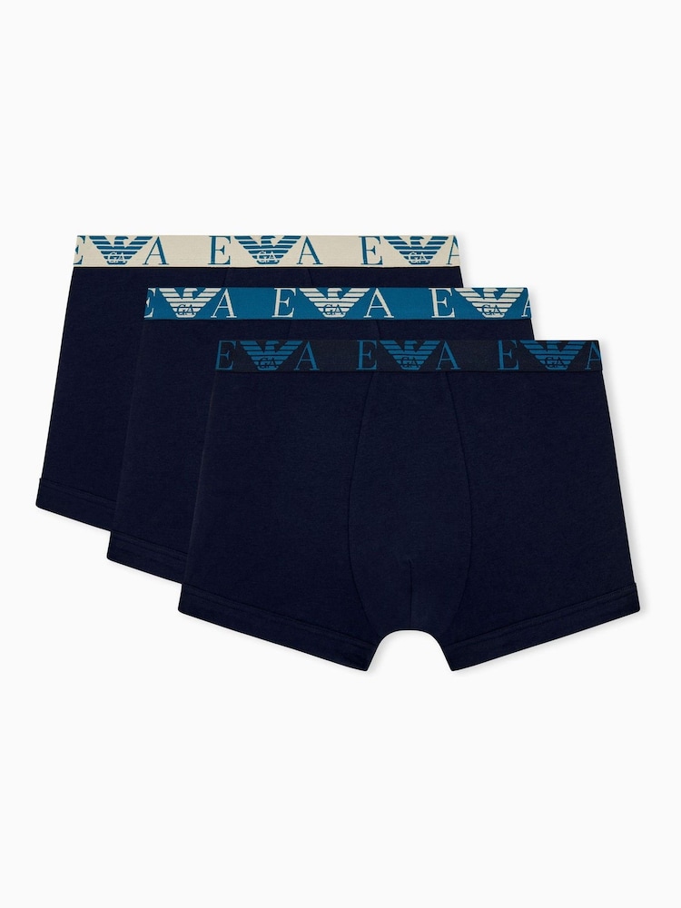 Emporio Armani Blue Bold Monogram Trunks 3 Pack - Image 1 of 4 Emporio Armani Blue Bold Monogram Trunks 3 Pack - Image 1 of 4