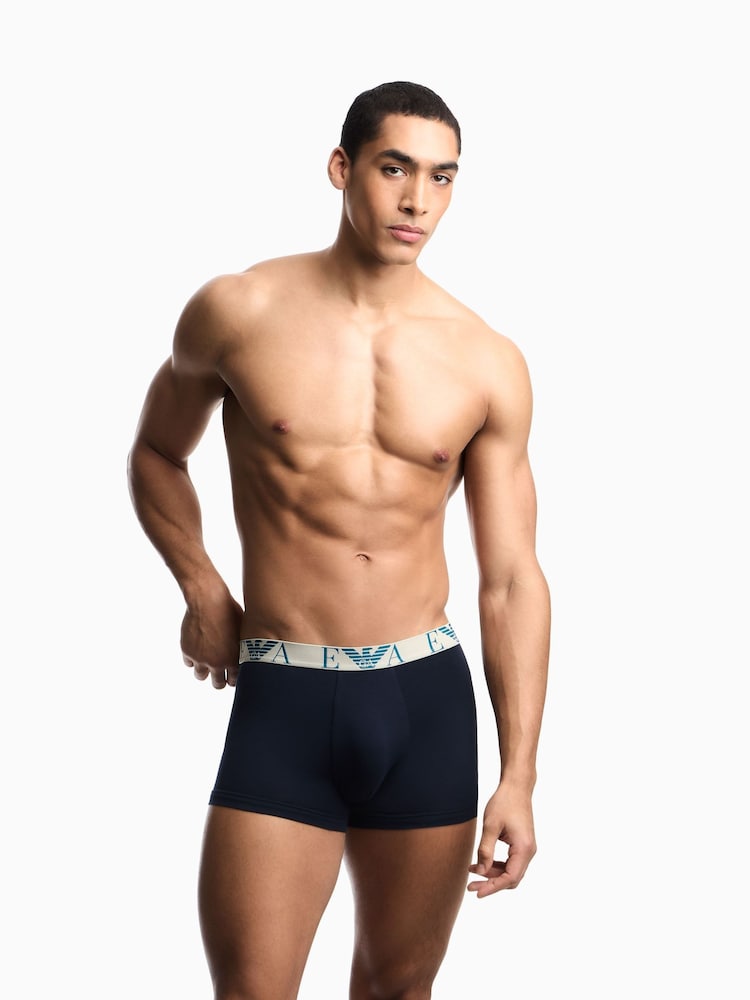 Emporio Armani Blue Bold Monogram Trunks 3 Pack - Image 2 of 4 Emporio Armani Blue Bold Monogram Trunks 3 Pack - Image 2 of 4