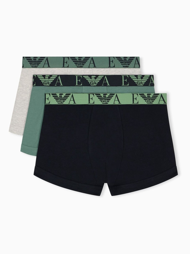 Emporio Armani Green Bold Monogram Trunks 3 Pack - Image 1 of 2 Emporio Armani Green Bold Monogram Trunks 3 Pack - Image 1 of 2