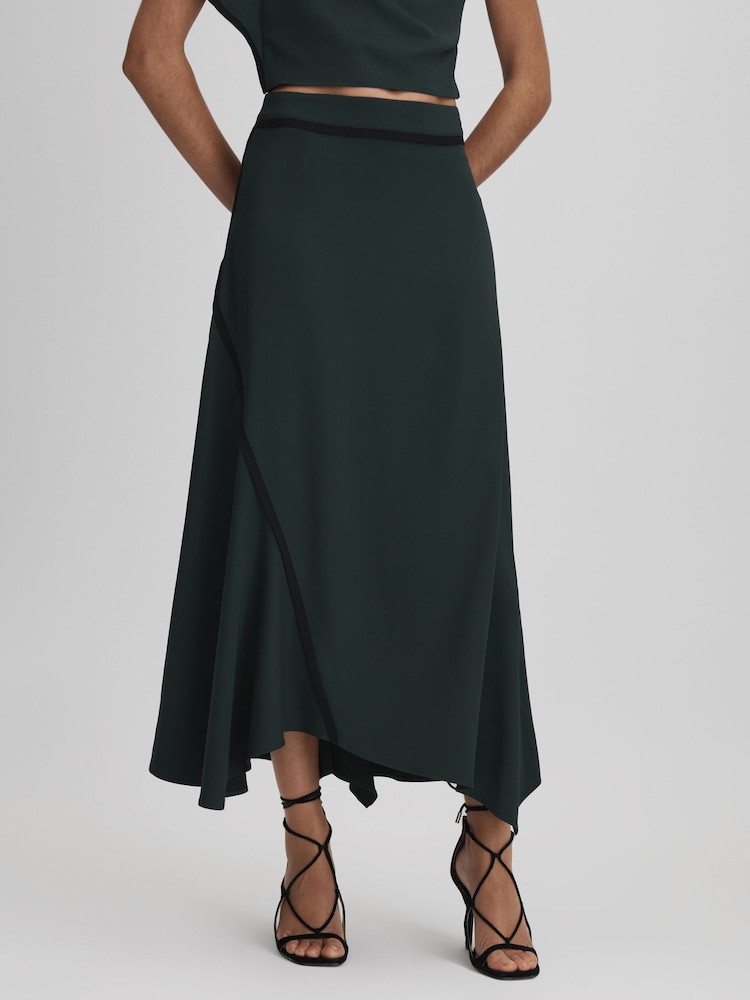 Reiss Green Sara Asymmetric Contrast Trim Midi Skirt - Image 1 of 6