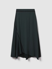 Reiss Green Sara Asymmetric Contrast Trim Midi Skirt - Image 2 of 6
