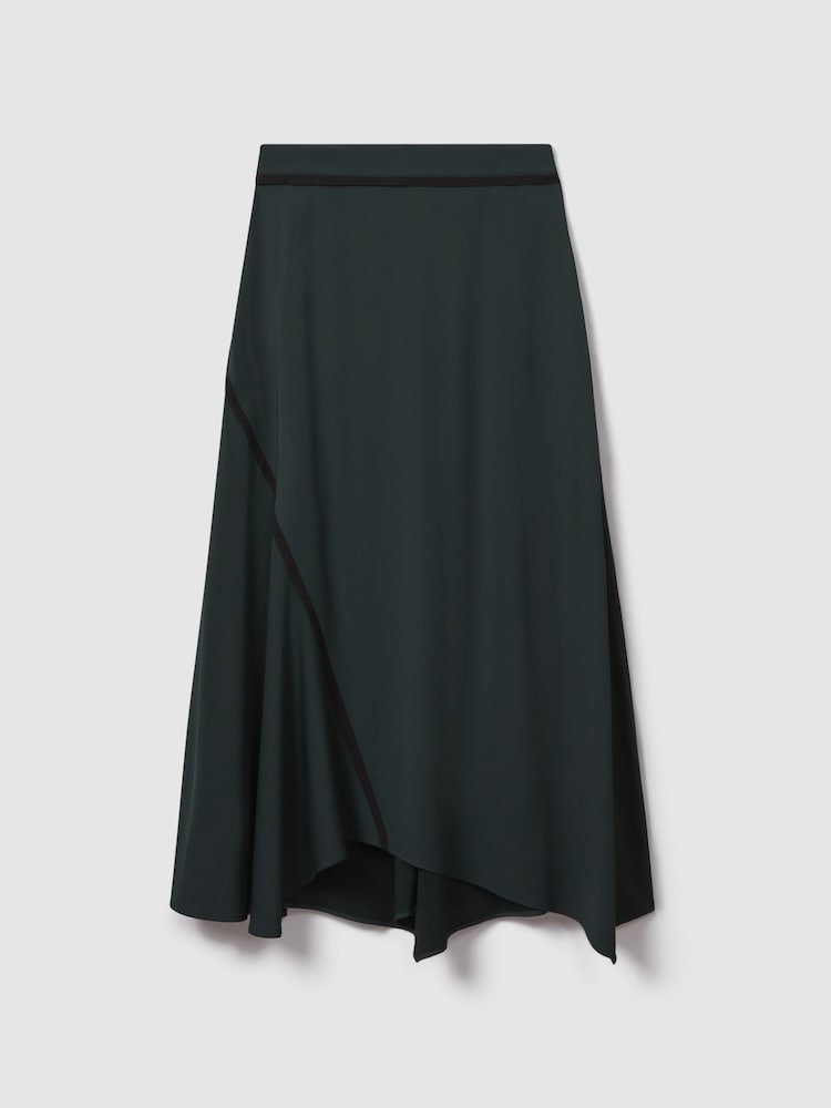 Reiss Green Sara Asymmetric Contrast Trim Midi Skirt - Image 2 of 6