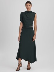 Reiss Green Sara Asymmetric Contrast Trim Midi Skirt - Image 4 of 6