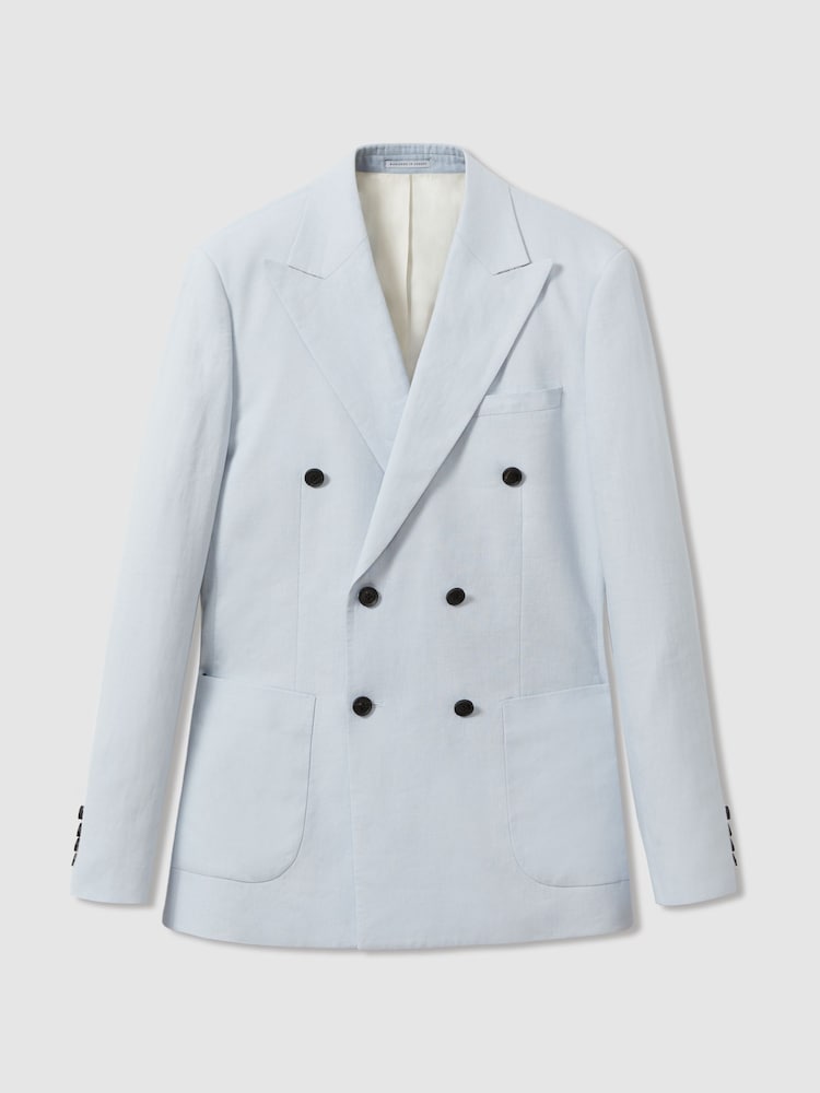 Reiss Soft Blue Kin Double Breasted 100% Linen Slim Fit Blazer - Image 2 of 7