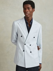 Reiss Soft Blue Kin Double Breasted 100% Linen Slim Fit Blazer - Image 3 of 7
