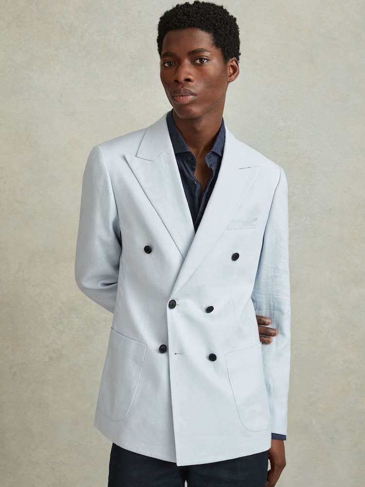 Zachtblauw - Reiss Kin Double Breasted 100% Linen Slim Fit Blazer - Image 3 of 7