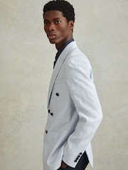 Reiss Soft Blue Kin Double Breasted 100% Linen Slim Fit Blazer - Image 4 of 7